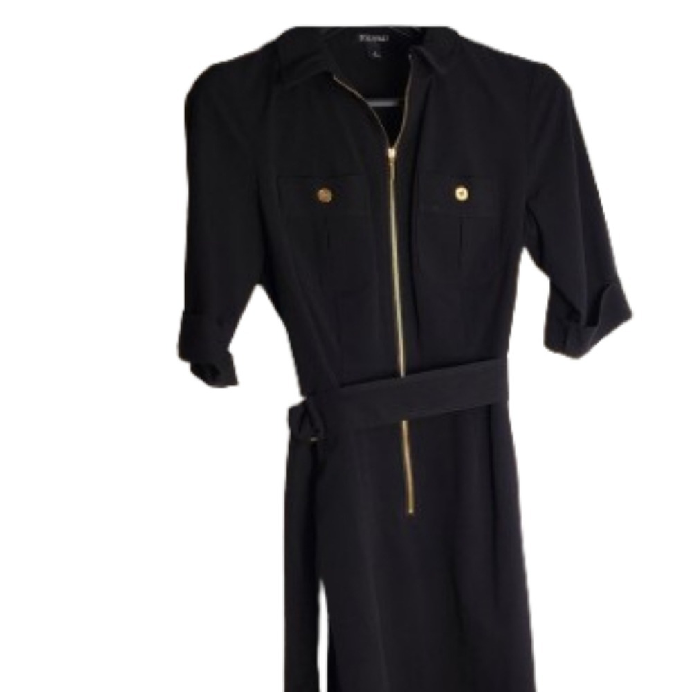ROZ&ALI Black Utility Dress W/ Gold Zipper & Belt Size 6 - Roll‎ Tab Sleeves
